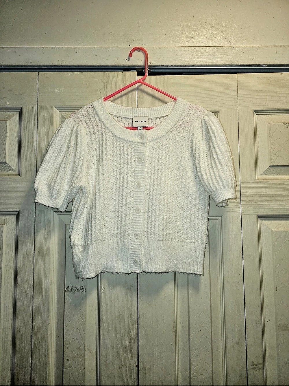 Pink Rose Short Sleeve Knit Sweater in White